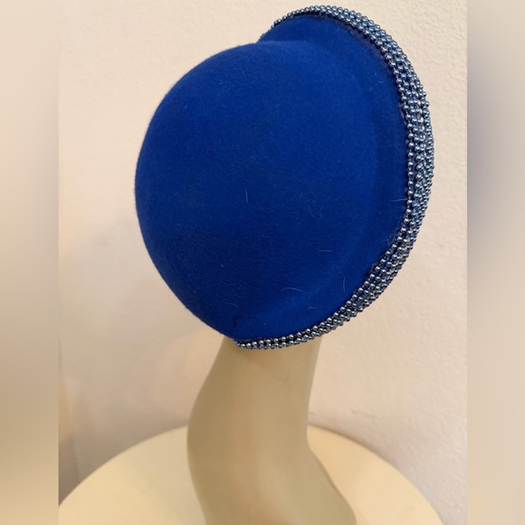 Vintage Church hat beret crown style royal blue wool beaded rhinestones sz 7 1/8